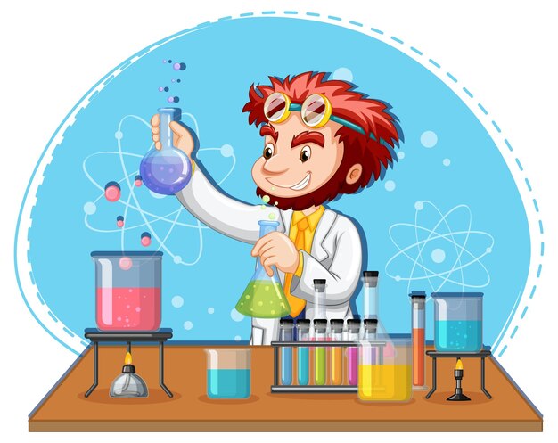 Free vector scientist man cartoon character with laboratory equipments