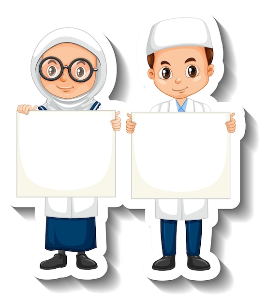 Free vector scientist muslim couple kids cartoon character sticker