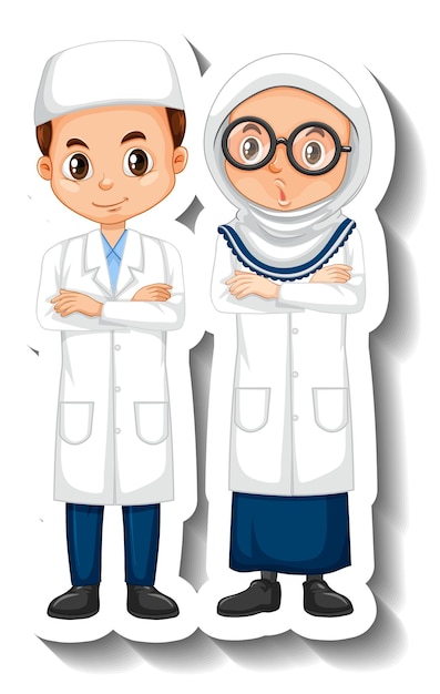 Scientist muslim couple kids cartoon character sticker