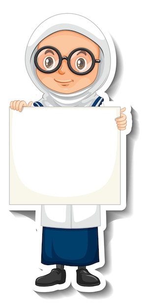 Free vector scientist muslim girl holding empty board in sticker style