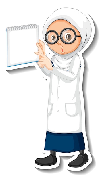 Scienziato ragazza musulmana che tiene scheda vuota in stile adesivo