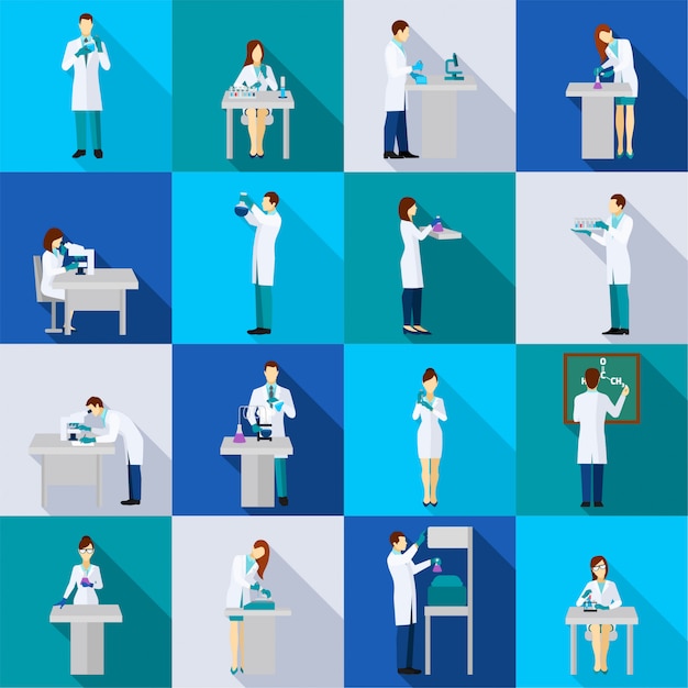 Scientist person flat icons set with people in chemistry lab