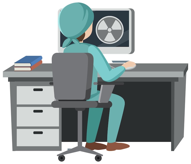 Free Vector scientist researching radioactive materials on desk with computer