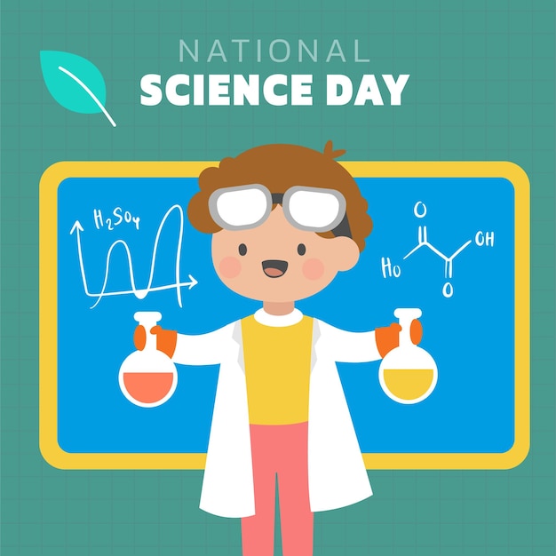 Lo scienziato che indossa un camice bianco in laboratorio con il segno del dna della provetta e l'attrezzatura scientifica nel personaggio dei cartoni animati per il designer grafico illustrazione vettoriale