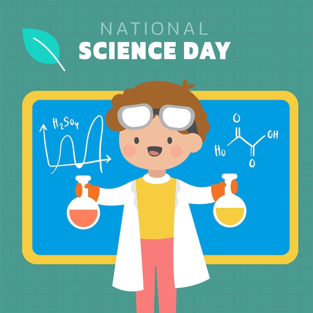 The scientist wearing white coat in laboratory with test tube DNA sign and science equipment in cartoon character for graphic designer Vector illustration