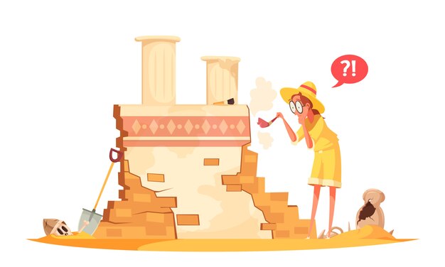 Scientist with brush during archaeological work illustration