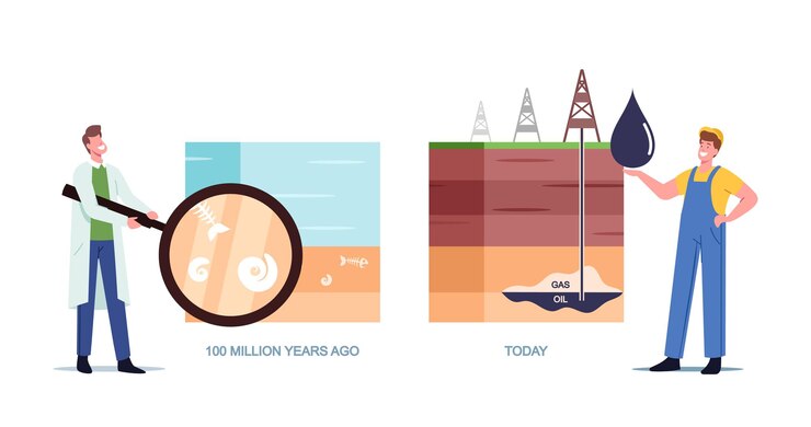 Free Vector scientist and worker characters presenting oil and gas natural formation time line from million years ago to today