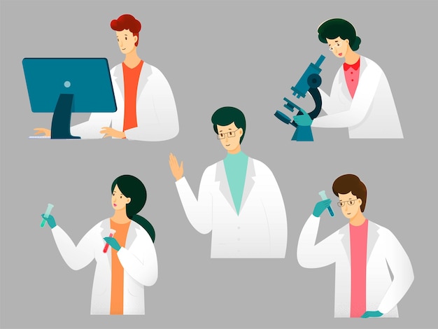 Free vector scientists doing research in lab or hospital set chemists looking in microscope holding flask