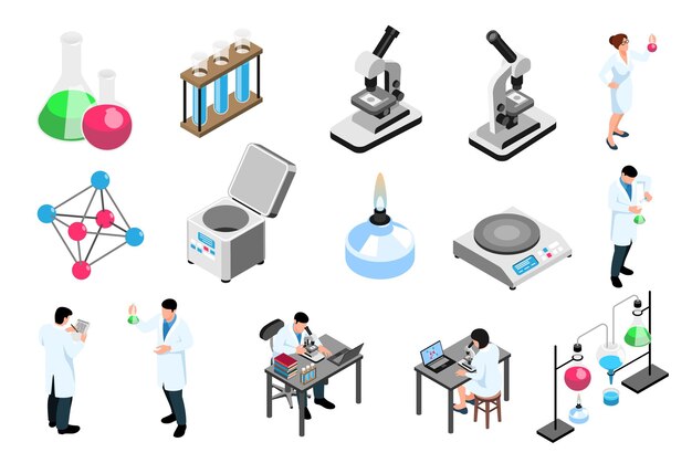 Free vector scientists and equipment of pharmaceutic laboratory isometric icons set isolated on white background 3d vector illustration