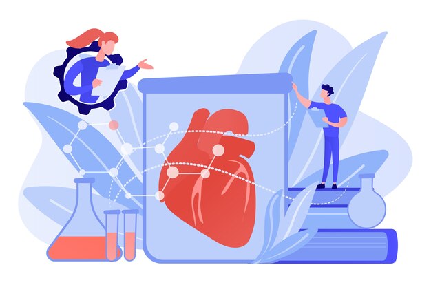 Scientists growing big heart in test tube in laboratory. lab-grown organs, bioartificial organs and artificial organ concept on white background. pinkish coral bluevector isolated illustration