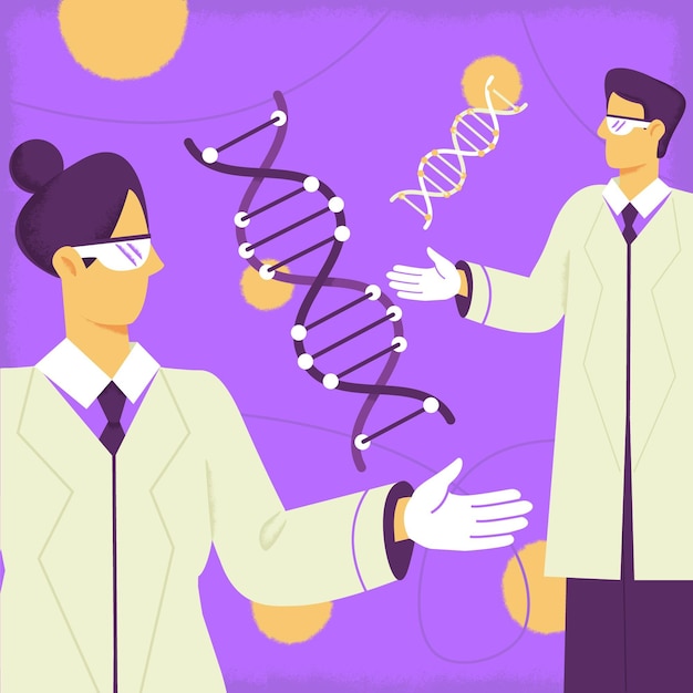 Free vector scientists holding dna molecules