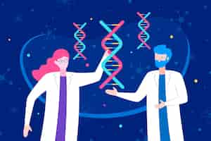 Free vector scientists holding dna molecules