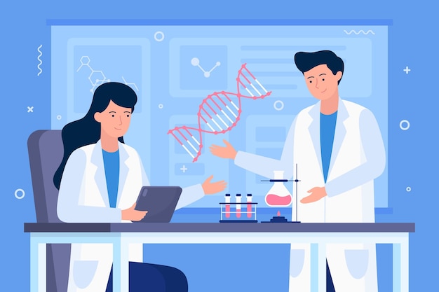 Free vector scientists holding dna molecules