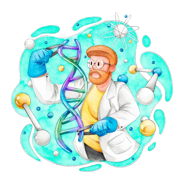 DNA 분자를 들고 과학자