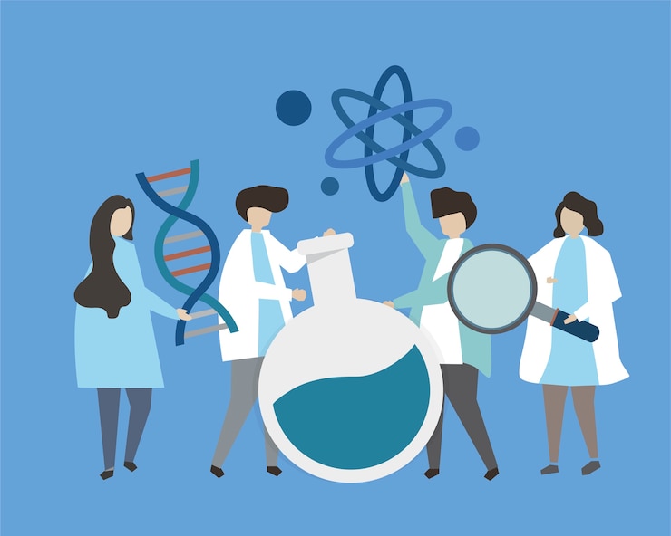 Free Vector scientists holding genetic engineering icons illustration