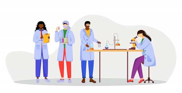 白衣の科学者はイラストをコートします 医学 化学を勉強しています 実験を行っています 試験管 白い背景の上の顕微鏡の漫画のキャラクターを持つ化学者 プレミアムベクター