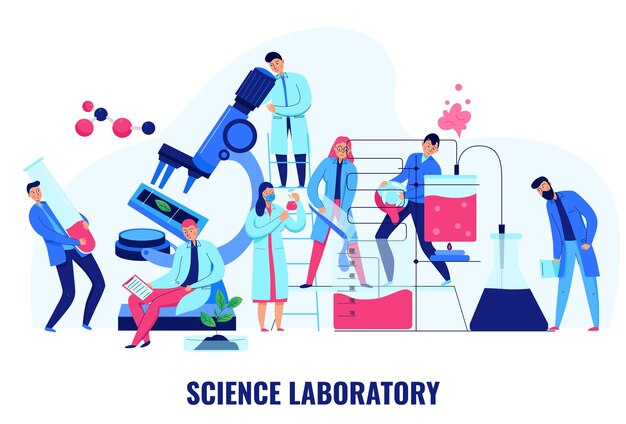 Scientists making biological and chemical experiments in science laboratory flat  illustration