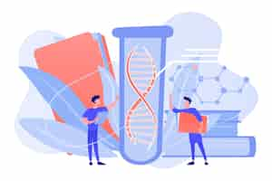 Free vector scientists with folder and clipboard working with huge dna in test tube. genetic testing, dna testing, genetic diagnosis concept on white background. pinkish coral bluevector isolated illustration