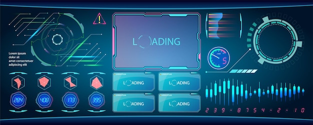 Scifiの未来的なHUDダッシュボードはバーチャルリアリティテクノロジー画面を表示します