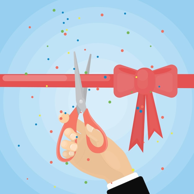 Free vector scissors cut red ribbon for grand opening with confetti and bow idea of celebration