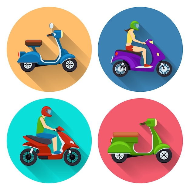スクーター輸送セット。原付イラスト、オートバイの側面図、自転車の輸送、ドライバーとバイク