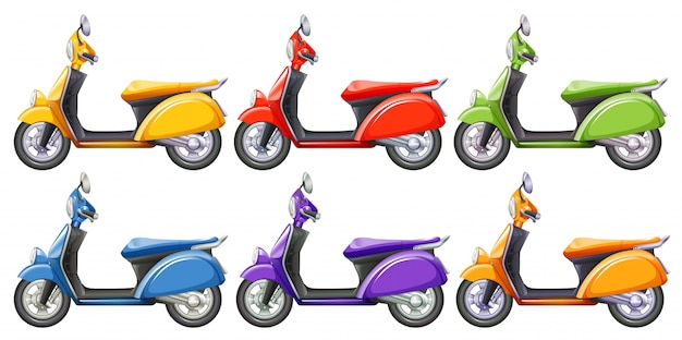 Скутеры в шести разных цветах