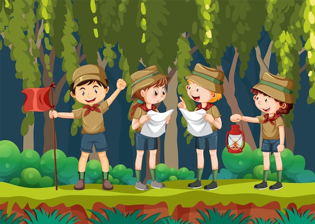Дети-скауты в походе в лес
