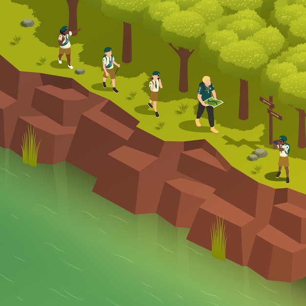 Free vector scout summer camp isometric background with children walking in forest along river with male instructor 3d vector illustration