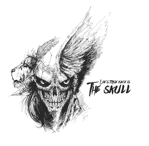 Scratch Devil Skull with lion face Vampire Hand Drawn Sketch Vector illustration