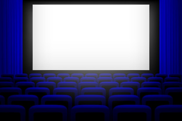青いカーテンと座席の背景を持つ映画館のスクリーン空の映画館の講堂のベクトルイラスト映画のプレゼンテーションやパフォーマンスイベントエンターテインメントシーンを見ています