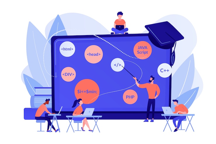 Free Vector script writing, software engineering. coding workshop, code created workshop, online programming course, apps and games development class concept. pinkish coral bluevector isolated illustration