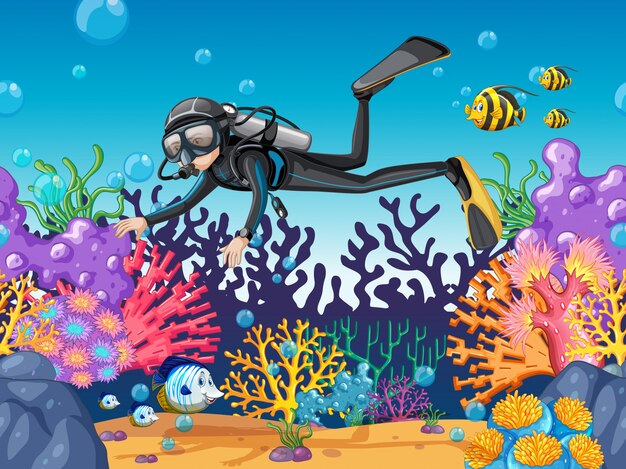 Scuba diver diving in beautiful reef