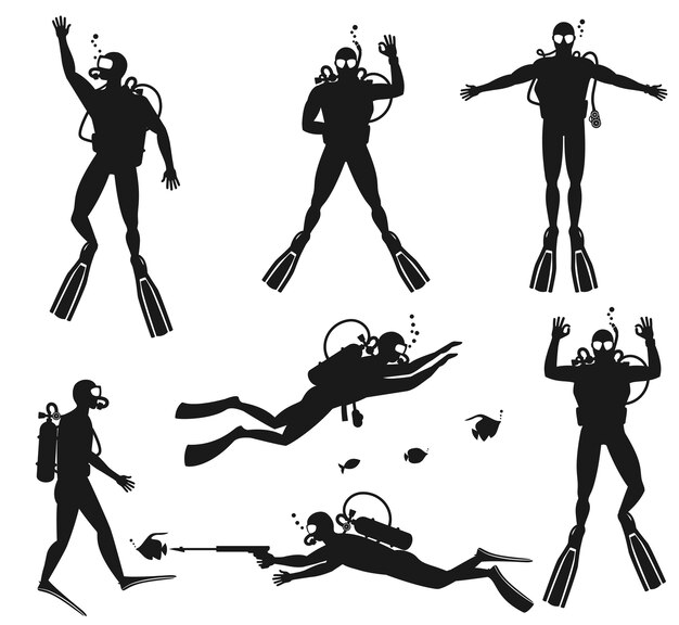 Scuba diver silhouettes. Diving silhouettes on white