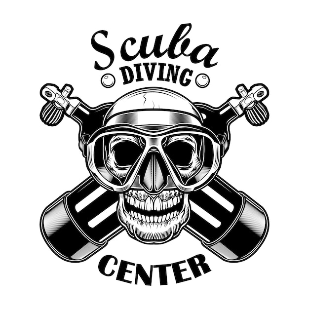 Free vector scuba diver skull vector illustration. head of skeleton with mask, crossed oxygen balloons from aqualung, text. seaside activity concept for diving club emblems