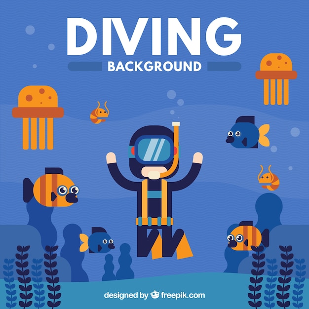 Scuba diver with sea creatures background in flat design