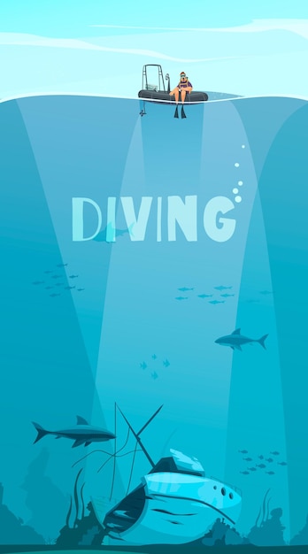 Free vector scuba divers exploring shipwreck deep in the ocean flat comics style composition with underwater illustration