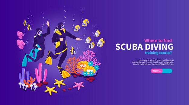 Scuba diving training isometric colorful underwater world illustration