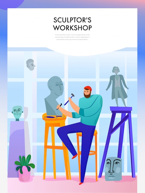 Free vector sculpture master with professional tools during statue making in workshop flat