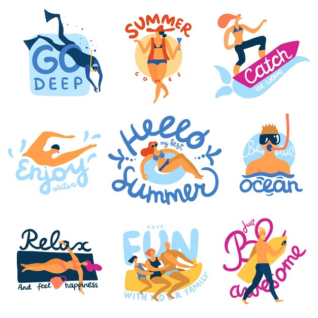 Sea activities emblems set with summer symbols flat isolated vector illustration