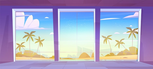 Морской и пляжный пейзаж вид из окна из тропического гостиничного номера векторная иллюстрация пустой интерьер виллы рядом с океаном и пальмой для мирного средиземноморского отдыха горизонтальное райское знамя