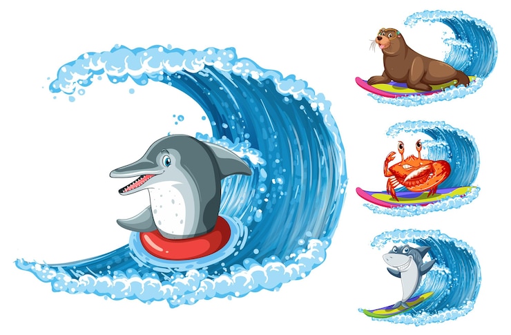 Free Vector sea animals surfing cartoon character