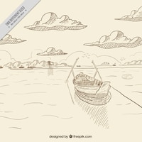 Sea background with hand drawn boat