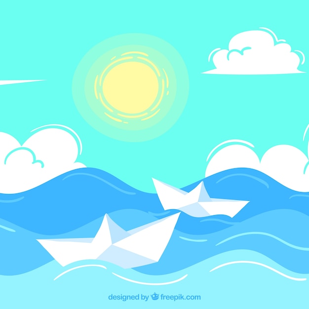 Free vector sea background with two paper boats