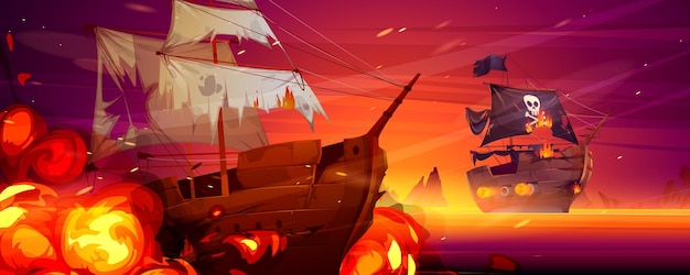 Free vector sea battle of wooden ships at sunset