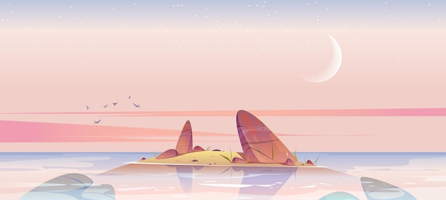 Sea beach and small island in water with rocks in morning vector cartoon landscape of ocean or lake ...