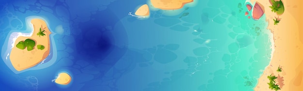 Vettore gratuito fondo di vista superiore della spiaggia del mare, linea costiera tropicale dell'oceano con le palme e rocce in acqua pulita blu. sandy shore scenario natura paesaggio, destinazione di viaggio, paradiso cartoon illustrazione vettoriale