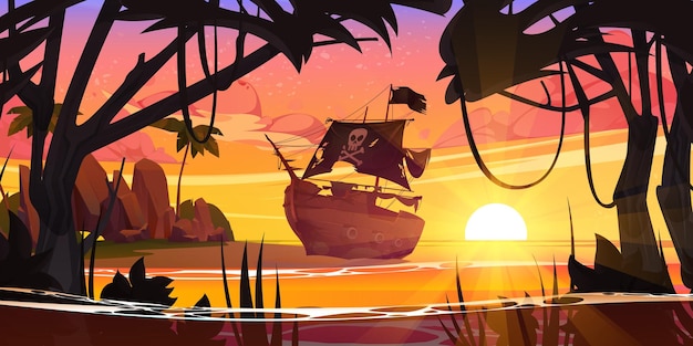 Sea beach with broken pirate ship at sunset