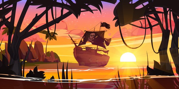 Sea beach with broken pirate ship at sunset