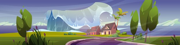 Free vector sea beach with houses and tsunami wave