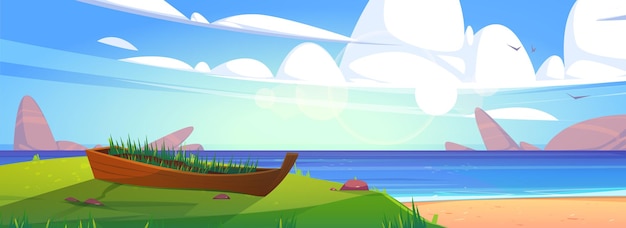 Free vector sea beach with old boat in green grass